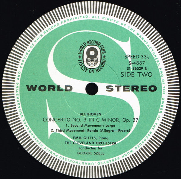 Beethoven* / Emil Gilels, The Cleveland Orchestra Conducted By George Szell : Piano Concerto No. 3 In C Minor, Op. 37 (LP, Album, Club)