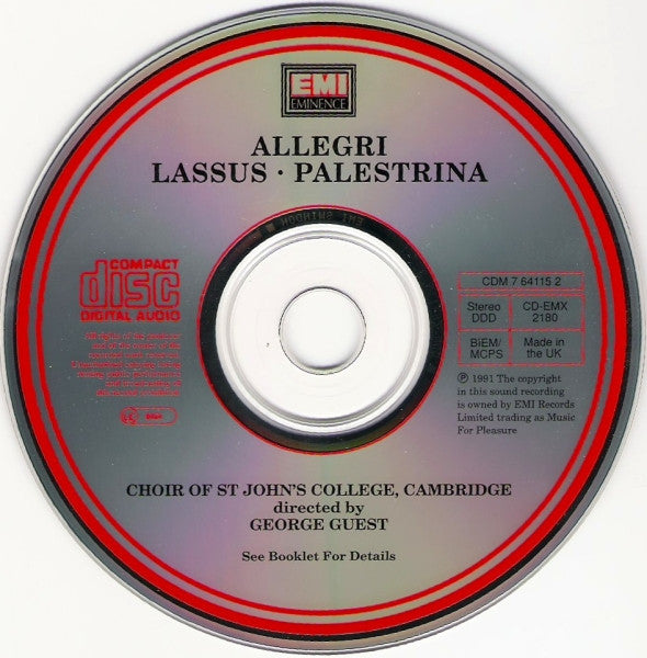 Choir Of St. John's College, Cambridge*, George Guest (2), Allegri*, Lassus*, Palestrina* : Miserere (CD, Album)