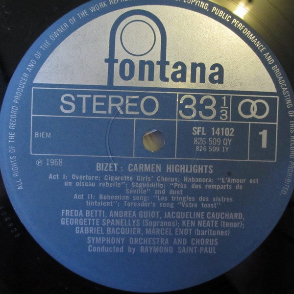 Georges Bizet - Freda Betti, Andréa Guiot, Ken Neate, Gabriel Bacquier, Orchestre Raymond Saint-Paul And Choeur Raymond Saint-Paul Conducted By Raymond Saint-Paul : Carmen Highlights (LP, RE)