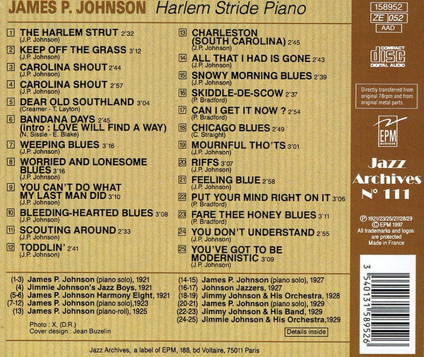 James Price Johnson : Harlem Stride Piano 1921/1929 (CD, Comp, RE)