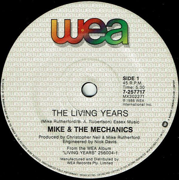 Mike & The Mechanics : The Living Years (7", Single, Pic)