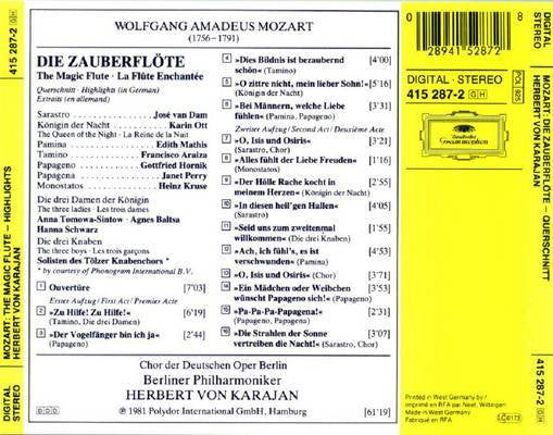Wolfgang Amadeus Mozart · Herbert Von Karajan · Edith Mathis · Karin Ott · Janet Perry · Francisco Araiza · Gottfried Hornik · José Van Dam · Chor Der Deutschen Oper Berlin · Berliner Philharmoniker : Die Zauberflöte (Querschnitt) . The Magic Flute (Highlights) . La Flute Enchantée (Extraits) (CD, RE)