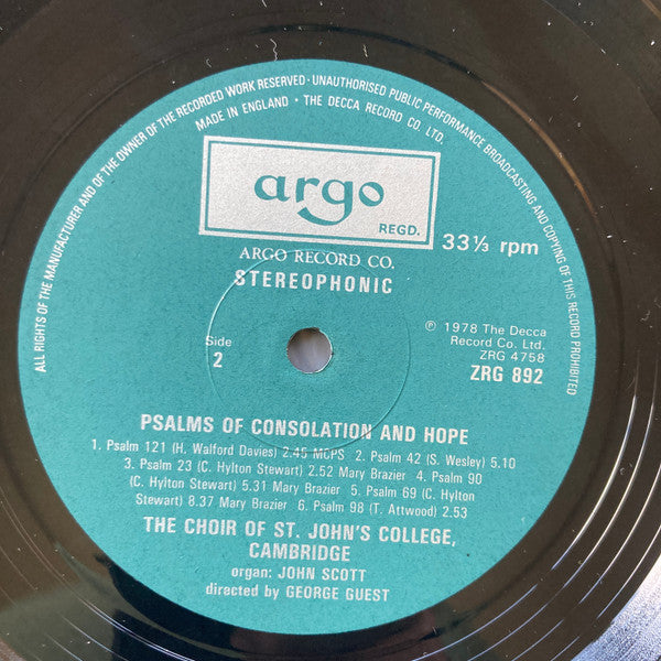 The Choir Of St. John's College, Cambridge*, George Guest (2) : Psalms Of Consolation And Hope (LP)