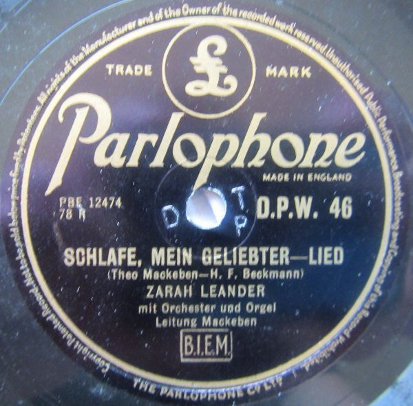 Zarah Leander : Sag' Mir Nicht "Adieu" - Sag' Nur "Auf Wiedersehn" / Schlafe, Mein Geliebter (Shellac, 10")