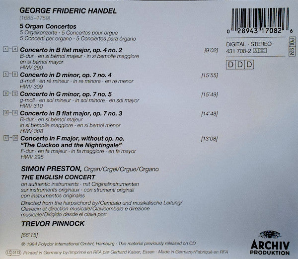 George Frideric Handel* - Simon Preston, The English Concert, Trevor Pinnock : 5 Organ Concertos "The Cuckoo And The Nightingale" (CD, Comp, RE)