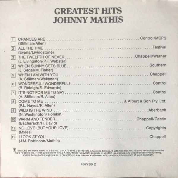 Johnny Mathis : Johnny's Greatest Hits (CD, Comp, RE)