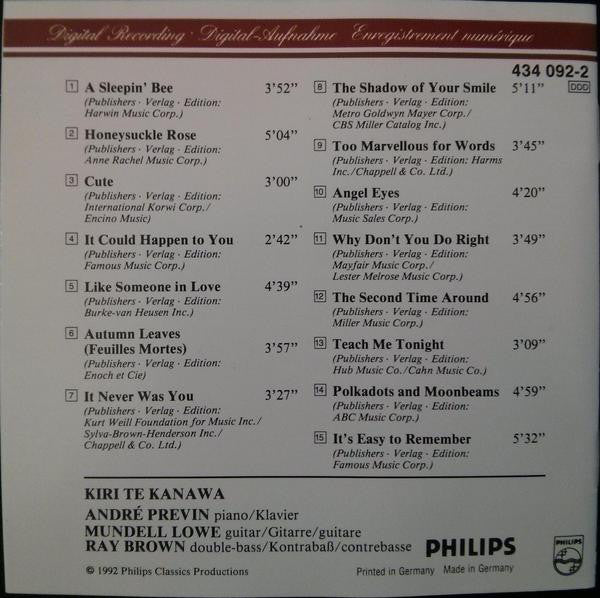 Kiri Te Kanawa, Andre Previn*, Ray Brown, Mundell Lowe : Kiri Sidetracks (The Jazz Album) (CD, Album)