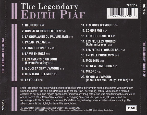 Edith Piaf : The Legendary Edith Piaf (CD, Comp)