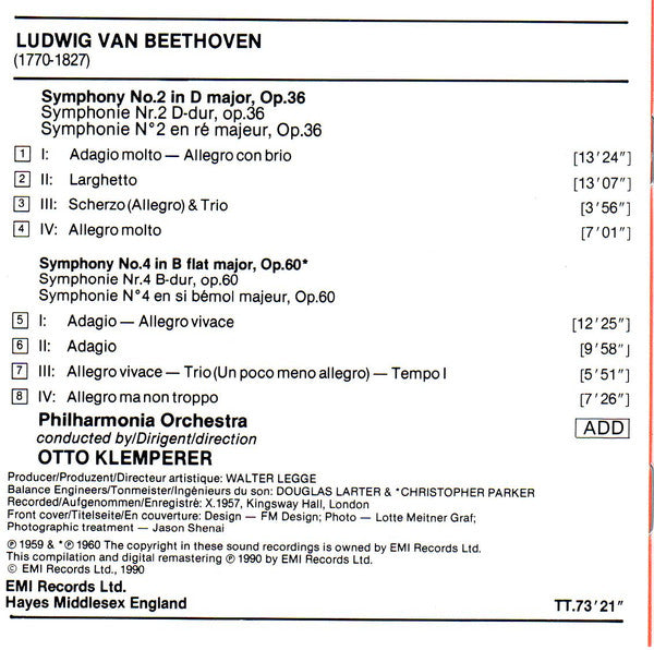 Ludwig van Beethoven - Otto Klemperer, Philharmonia Orchestra : Symphonien 2 & 4 (CD, Comp, RM)