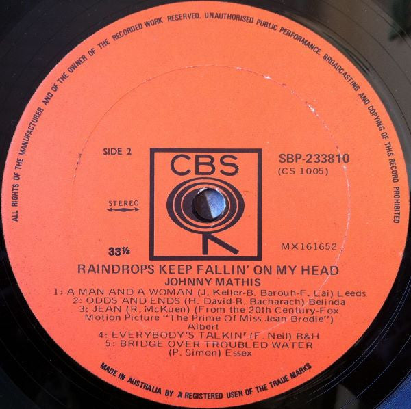 Johnny Mathis : Raindrops Keep Fallin' On My Head (LP, Album)
