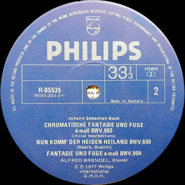 Bach* - Alfred Brendel : «Italian» Concerto BWV 971 / Chromatic Fantasy And Fugue BWV 903 (LP, Album, Club)