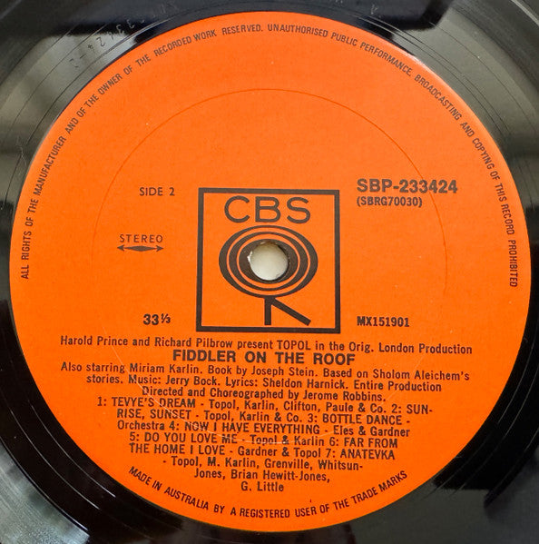 Topol, "Fiddler On The Roof" Original London Cast : Fiddler On The Roof (LP, Album)