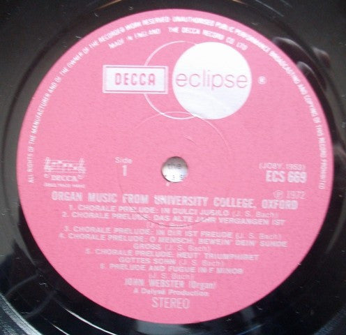 John Webster (9) : Organ Music From University College, Oxford (LP, RE)