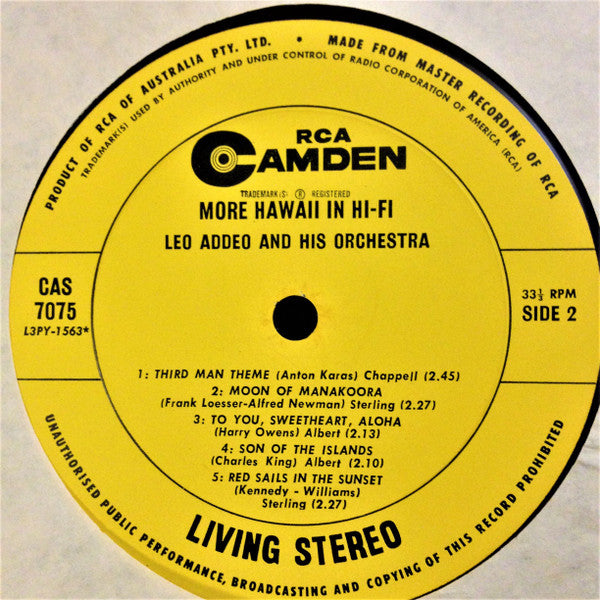 Leo Addeo And His Orchestra : More Hawaii In Hi-Fi (LP, Album, RP)