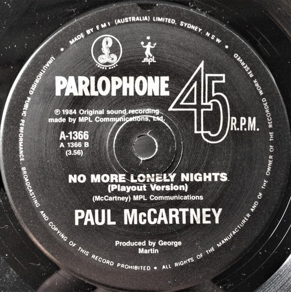 Paul McCartney : No More Lonely Nights (7", Single, Pic)