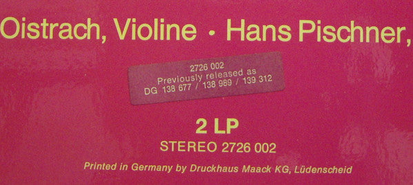 David Oistrach, Hans Pischner, Johann Sebastian Bach : Sonaten Für Violine Und Cembalo (2xLP)