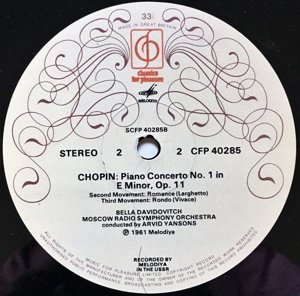 Frédéric Chopin, Bella Davidovich : Piano Concerto No. 1 In E Minor (LP)