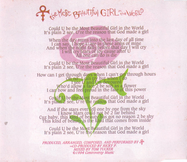 The Artist (Formerly Known As Prince) : The Most Beautiful Girl In The World (CD, Single)