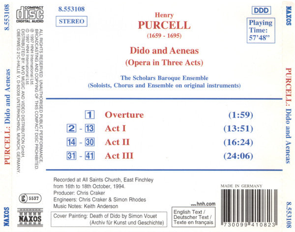 Purcell*, The Scholars Baroque Ensemble : Dido And Aeneas (Opera In Three Acts) (CD, Album)