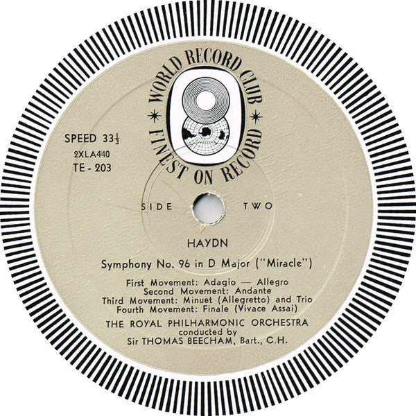Haydn* / Sir Thomas Beecham, Bart., C.H.* Conducts The Royal Philharmonic Orchestra* : The Salomon Symphonies, Nos. 3 & 4 - No. 95 In C Major; No. 96 In D Major ("Miracle") (LP, Album, Mono, Club)
