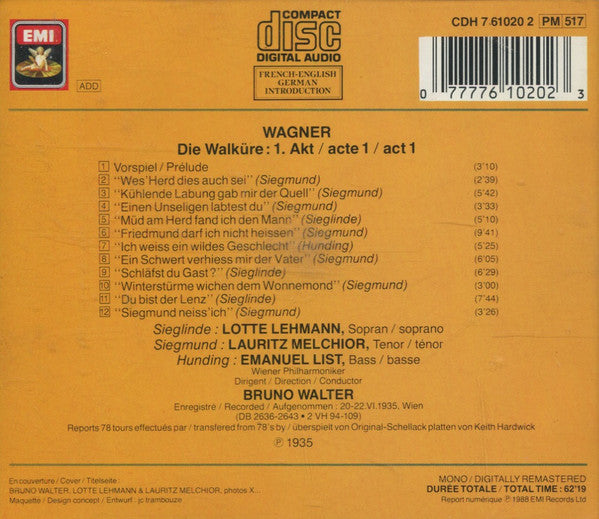 Wagner*, Lotte Lehmann, Lauritz Melchior, Emanuel List, Wiener Philharmoniker, Bruno Walter : Die Walküre: 1.Akt/Acte 1/Act 1 (CD, Mono, RM)