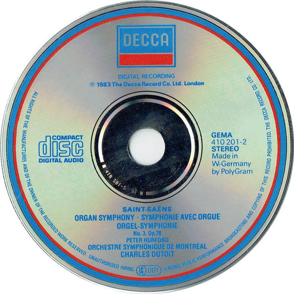 Saint-Saëns*, Peter Hurford, Orchestre symphonique de Montréal, Charles Dutoit : Organ Symphony (CD, Album)