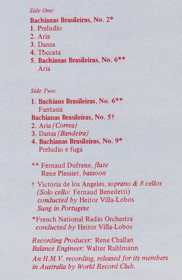 French National Radio Orchestra* , Conducted By Heitor Villa-Lobos / Victoria De Los Angeles : Bachianas Brasileiras, Nos. 2, 5, 6, & 9 (LP, Album, Club)