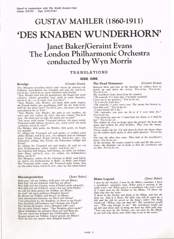 Gustav Mahler / Janet Baker / Geraint Evans / London Philharmonic Orchestra Conducted By Wyn Morris : Des Knaben Wunderhorn (LP, Album, Club)