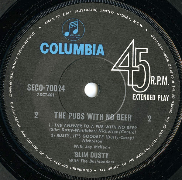 Slim Dusty With Bushlanders : The Pubs With No Beer (7", EP, RP)