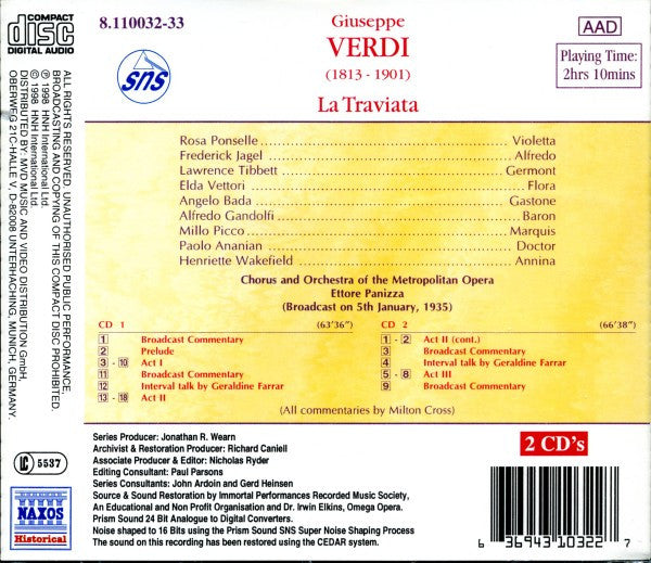 Giuseppe Verdi - Rosa Ponselle, Frederick Jagel, Lawrence Tibbett, Metropolitan Opera Chorus And The Metropolitan Opera House Orchestra, Ettore Panizza : La Traviata (2xCD, RE, RM)