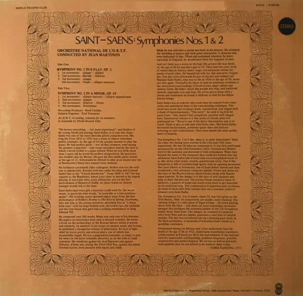 Camille Saint-Saëns - Orchestre National De France , Conducted By Jean Martinon : Symphonies No. 1 In E Flat And No. 2 In A Minor (LP, Album, Club)