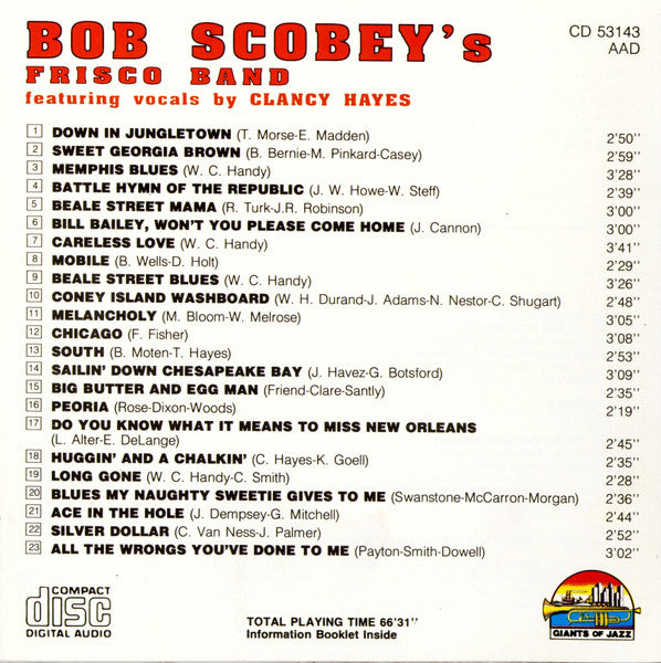 Bob Scobey's Frisco Band Featuring Vocals By Clancy Hayes : Peoria (CD, Comp)