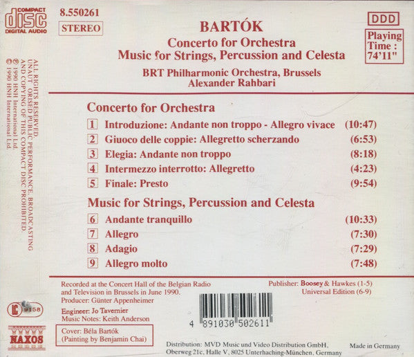 Bartók*, BRT Philharmonic Orchestra, Brussels*, Alexander Rahbari : Concerto For Orchestra / Music For Strings, Percussion And Celesta (CD)