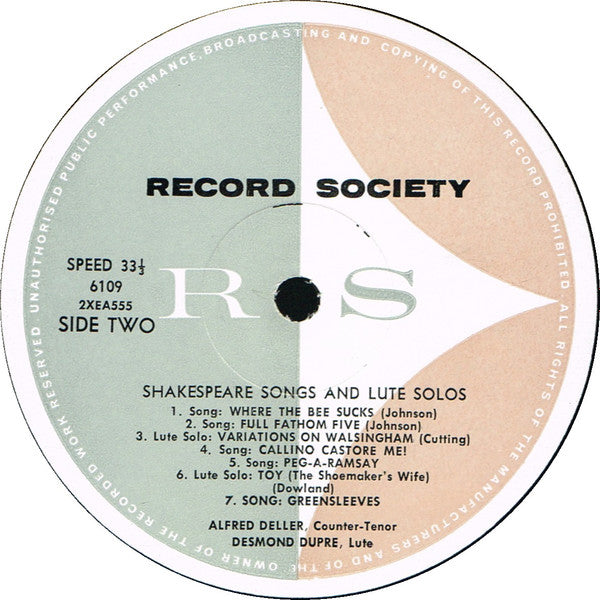 Alfred Deller, Desmond Dupré : Shakespeare Songs & Lute Solos (LP, Album, Mono, Club, Gat)