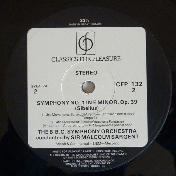 Sibelius*, BBC Symphony Orchestra, Sir Malcolm Sargent : Symphony No.1 (LP, RE)
