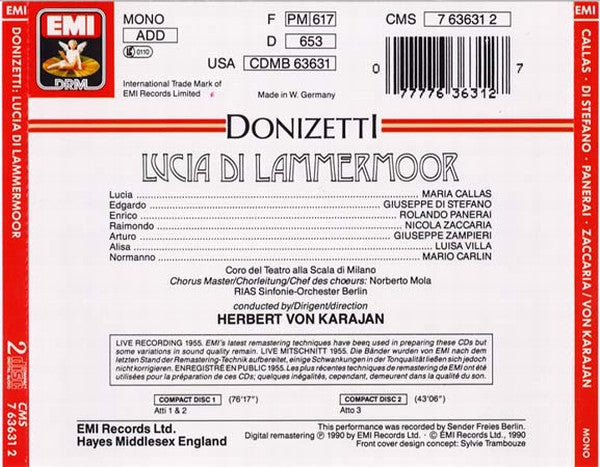 Gaetano Donizetti - Maria Callas, Giuseppe di Stefano, Rolando Panerai, Nicola Zaccaria, Coro Del Teatro Alla Scala, RIAS Symphonie-Orchester Berlin, Herbert von Karajan : Lucia Di Lammermoor (2xCD, Album, Mono, RE, RM)