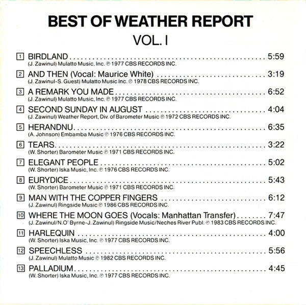 Weather Report : Best Of Weather Report Vol. 1 (CD, Comp)