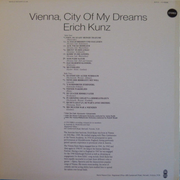 Erich Kunz : Vienna, City Of My Dreams (LP, Album, Club, RE)