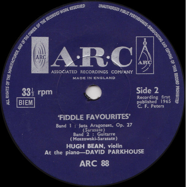 Hugh Bean And David Parkhouse : Fiddle Favourites (7")