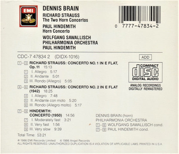 Dennis Brain, Wolfgang Sawallisch, Philharmonia Orchestra – Richard Strauss / Paul Hindemith : The Two Horn Concertos / Horn Concerto (CD, Album, Mono, RE, RM)