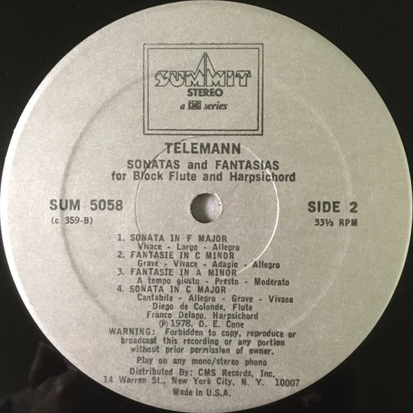 Diego De Colonde, Franco Delago : Telemann Sonatas & Fantasias for Blockflute & Harpsichord (LP)