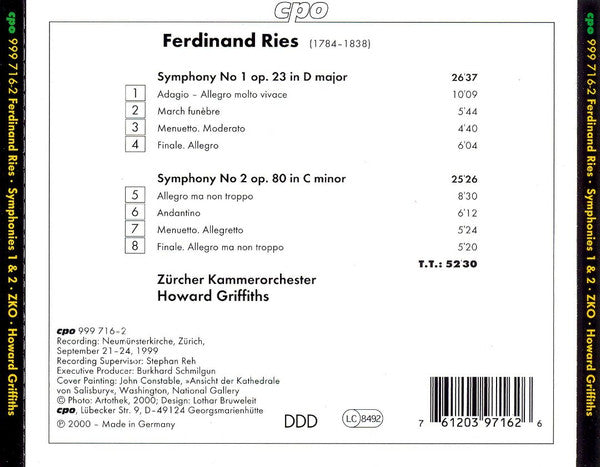 Ferdinand Ries - Zürcher Kammerorchester, Howard Griffiths : Symphonies 1 & 2 (CD, Album)