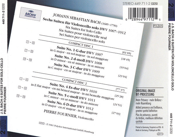 Johann Sebastian Bach - Pierre Fournier : 6 Suiten Für Violoncello Solo BWV 1007–1012 (2xCD, Album, RE, RM, RP)