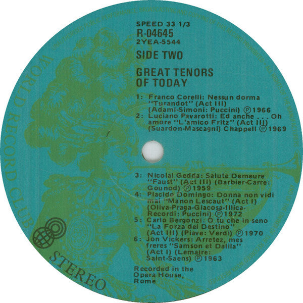 Carlo Bergonzi, Franco Corelli, Placido Domingo, Nicolai Gedda, James McCracken, Luciano Pavarotti, Jon Vickers : Great Tenors Of Today (LP, Comp, Club)