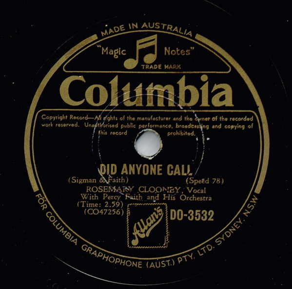 Rosemary Clooney With Percy Faith and His Orchestra* : Did Anyone Call / Half As Much (Shellac, 10")