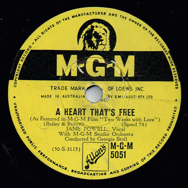 Jane Powell With MGM Studio Orchestra : Oceana Roll / A Heart That's Free (Shellac, 10")