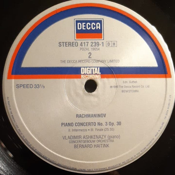 Sergei Vasilyevich Rachmaninoff / Vladimir Ashkenazy / Concertgebouworkest / Bernard Haitink : Piano Concerto No. 3 (LP)