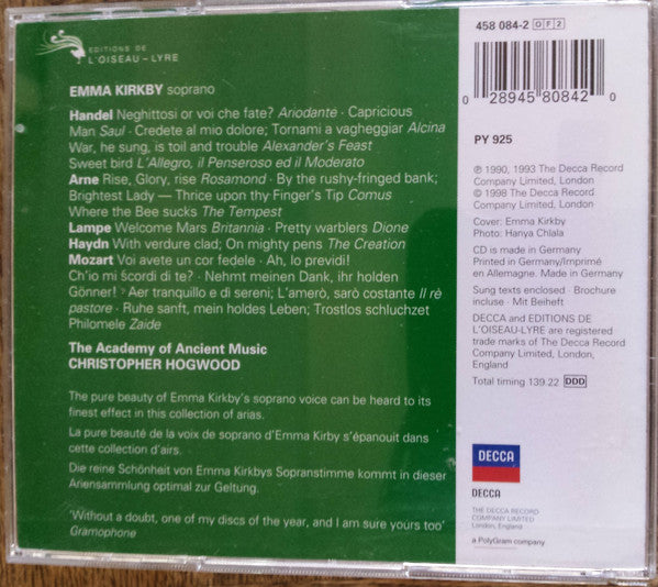 Georg Friedrich Händel, Thomas Arne, Joseph Haydn, Wolfgang Amadeus Mozart / Emma Kirkby, The Academy Of Ancient Music, Christopher Hogwood : Emma Kirkby Sings Handel, Arne, Haydn & Mozart (2xCD, Comp)