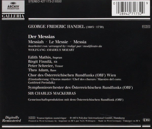 George Frideric Handel*, Wolfgang Amadeus Mozart - Edith Mathis, Birgit Finnilä, Peter Schreier, Theo Adam, Sir Charles Mackerras : Der Messias = Messiah (2xCD, Album, RE, RM)