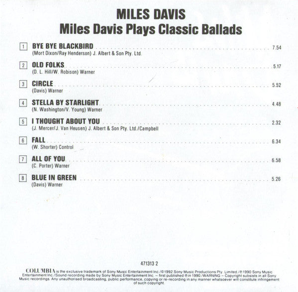 Miles Davis : Plays Classic Ballads (CD, Comp)